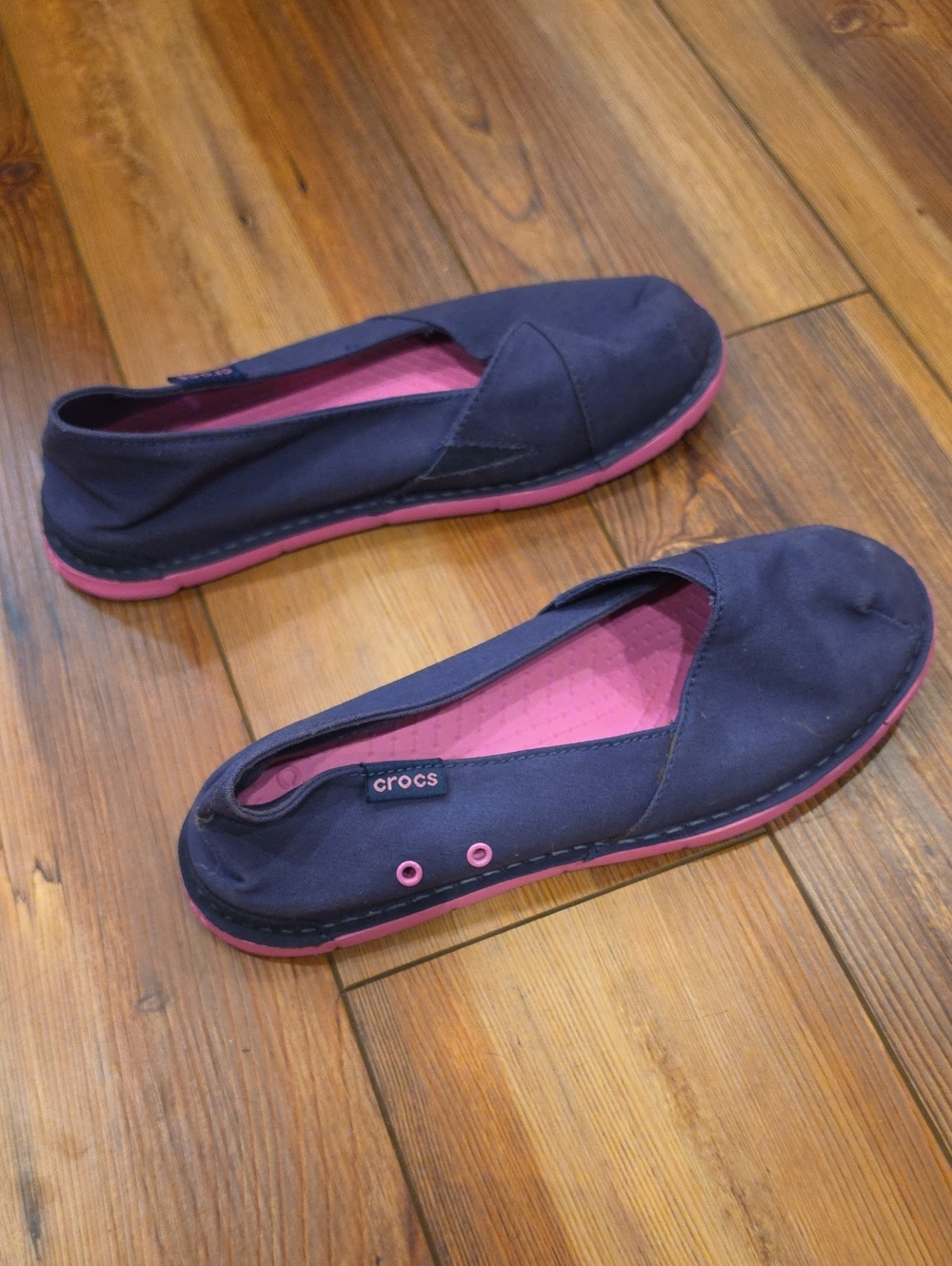 CROCS Navy Canvas Flats with Pink Insole and Trim